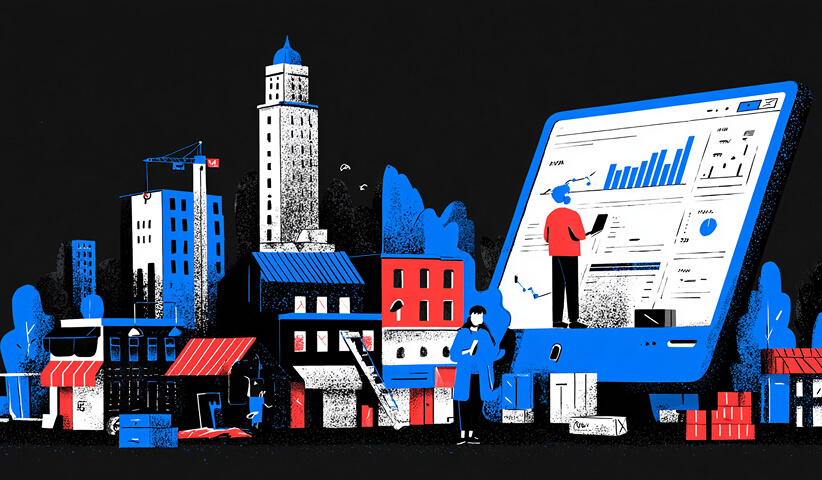 Cityscape with storefronts and buildings alongside a large analytics dashboard, illustrating business performance tracking across physical and digital locations.
