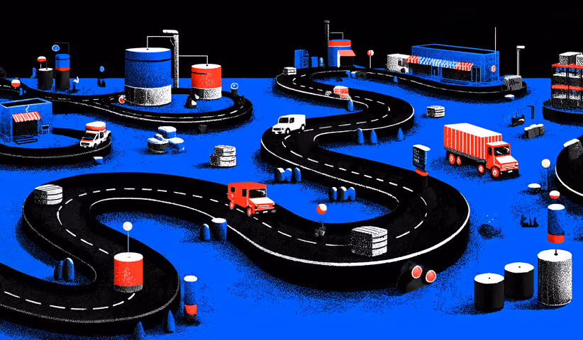 Logistics landscape with winding roads, warehouses, and delivery trucks, representing supply chain movement and distribution planning.