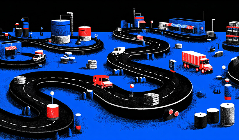 Logistics landscape with winding roads, warehouses, and delivery trucks, representing supply chain movement and distribution planning.