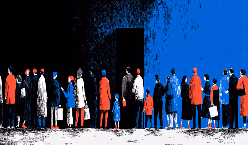Crowd of people standing in a long line facing a dark doorway, symbolizing bottlenecks, demand surges, and access constraints.