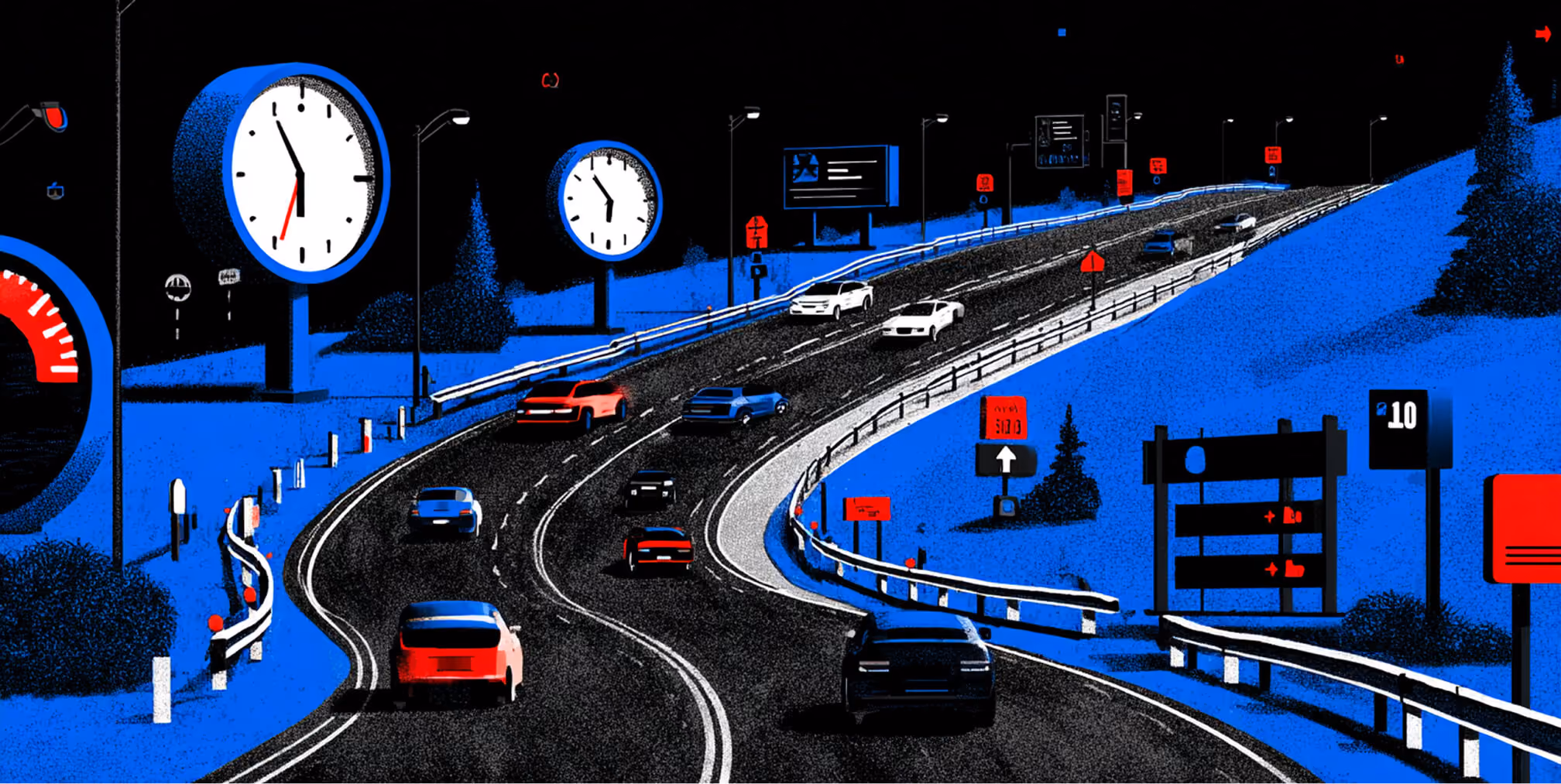 Highway scene with cars, clocks, and road signs, illustrating speed, traffic flow, and time-sensitive operations.