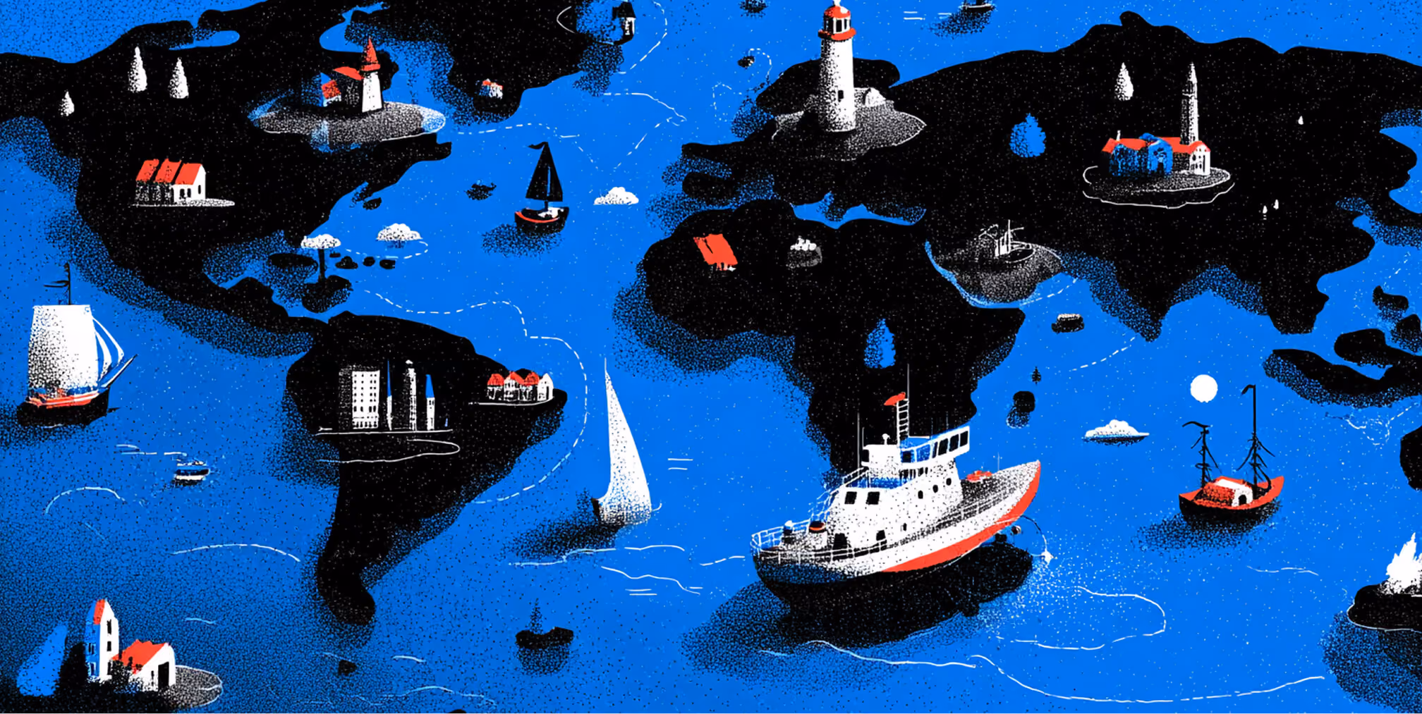 World map illustrated as islands with ships, sailboats, and lighthouses, representing global commerce, international logistics, and cross-border trade.