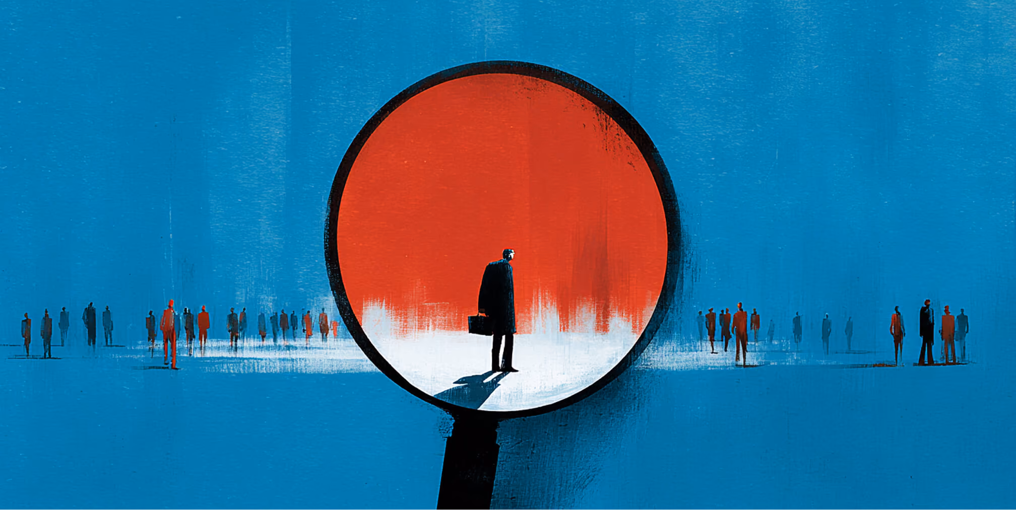 A lone business professional stands inside a magnifying glass, isolated from a surrounding crowd, symbolizing careful evaluation and focused decision-making.