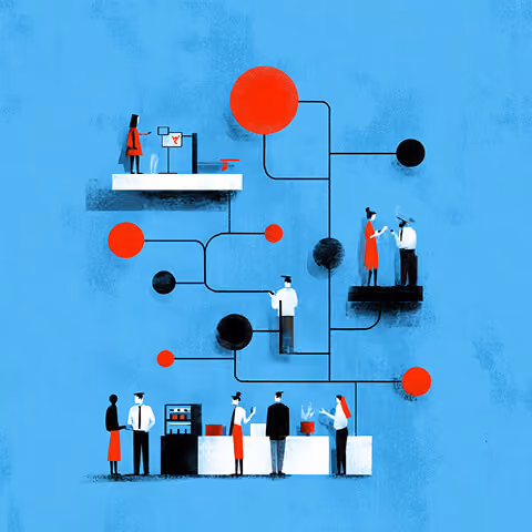A network-style diagram with people connected by nodes and lines, illustrating collaboration, systems thinking, and operational workflows.