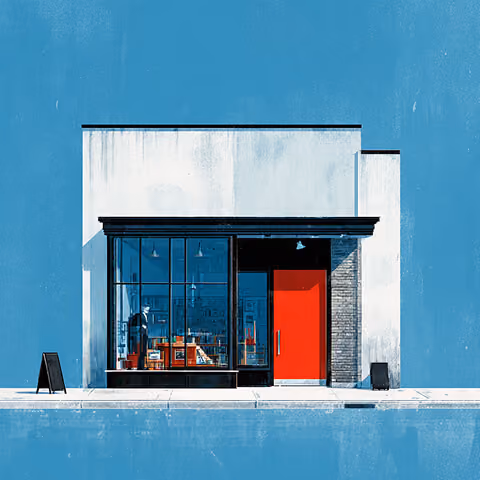 A minimalist storefront with a large window and bold red door, symbolizing a modern retail brand presence and first impressions.