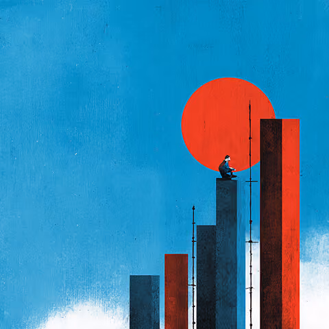 A person sits atop rising abstract bars beneath a red sun, representing strategic growth, ambition, and long-term business planning.