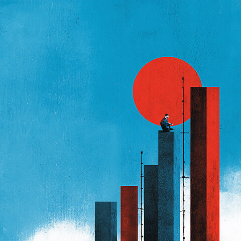 A person sits atop rising abstract bars beneath a red sun, representing strategic growth, ambition, and long-term business planning.