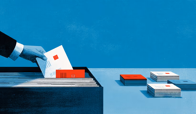 A hand places a document into a filing system beside neatly stacked papers, representing organization, process control, and documentation.