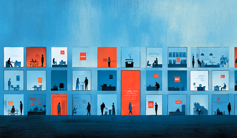 Multiple office rooms displayed in a grid, each with people working, symbolizing scalable teams, agencies, and distributed operations.