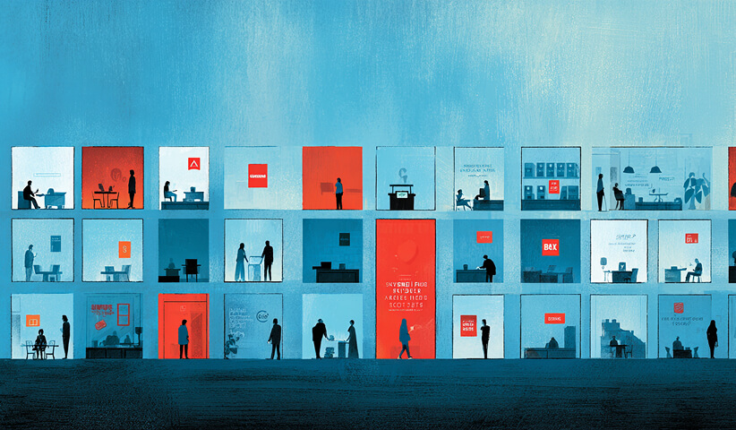 Multiple office rooms displayed in a grid, each with people working, symbolizing scalable teams, agencies, and distributed operations.