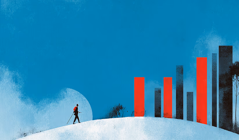 A lone figure walks uphill toward vertical bars of increasing height, representing progress, performance metrics, and business growth.