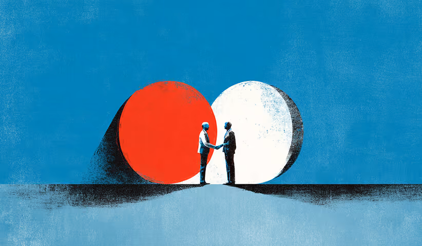 Two professionals shake hands between contrasting red and white circles, symbolizing partnership, alignment, and strategic agreement.