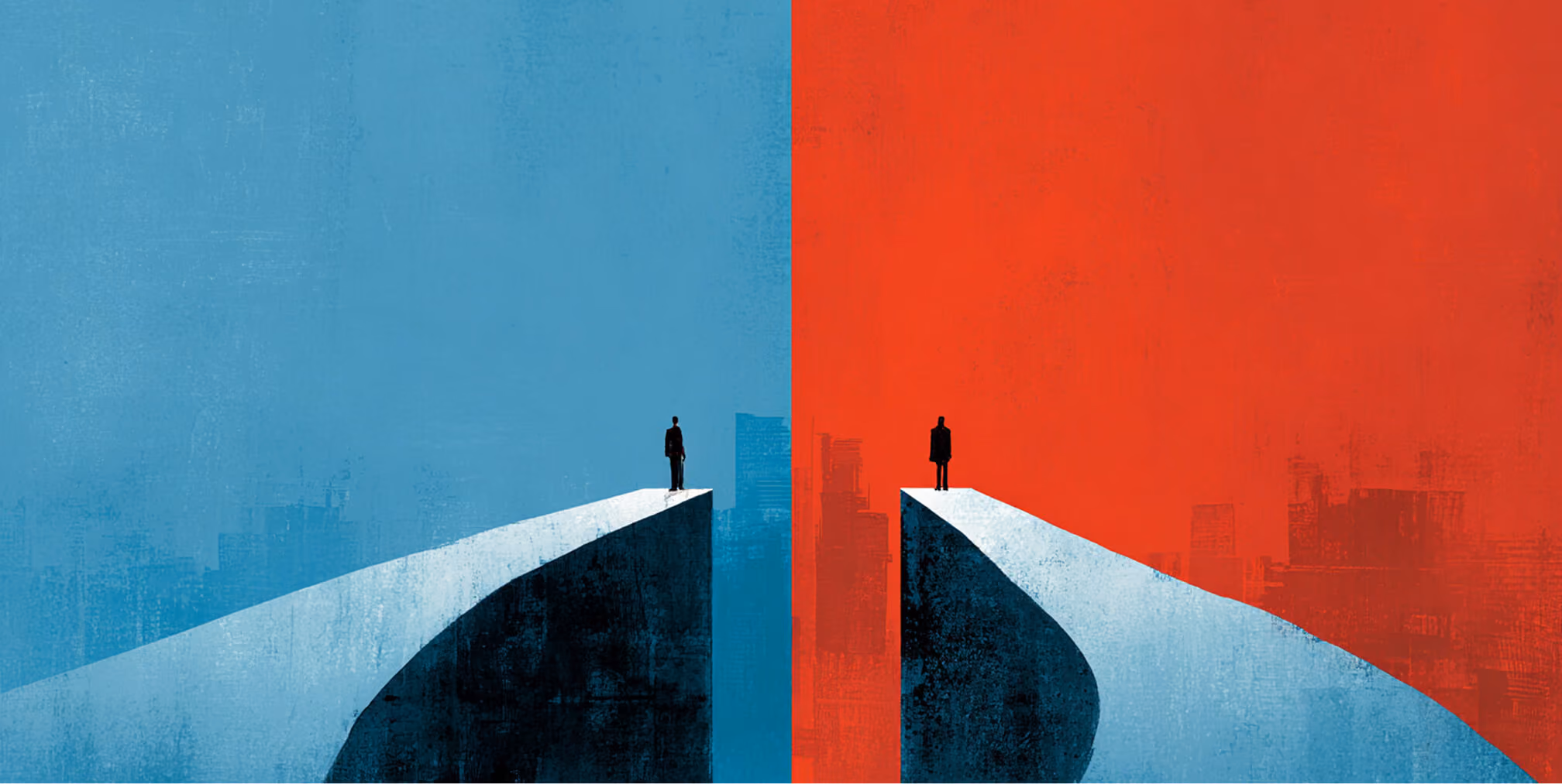 Two individuals stand on opposite cliff edges divided by blue and red backgrounds, representing choice, comparison, and critical business decisions.