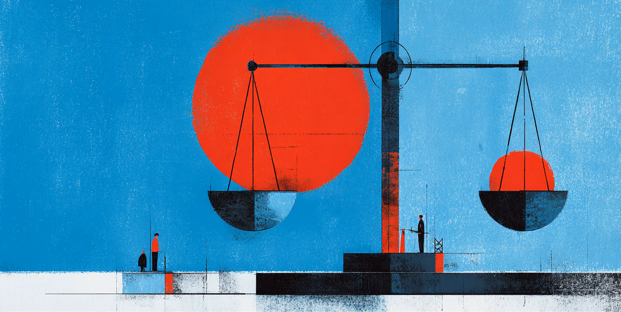 A large balance scale weighs two red circles while people stand nearby, symbolizing evaluation, trade-offs, and informed decision-making.