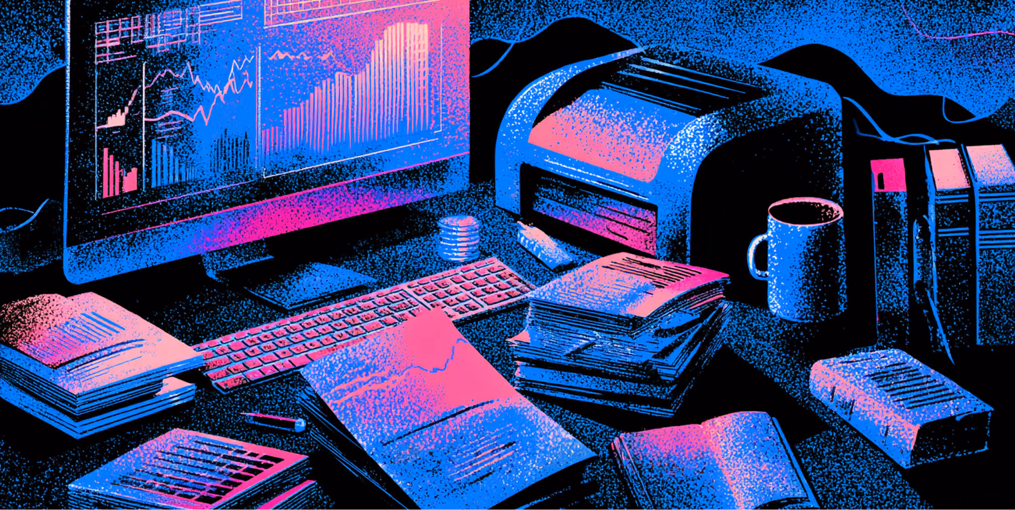 Desk covered with financial reports, charts, and a printer, illustrating data-heavy operations and backend business management.