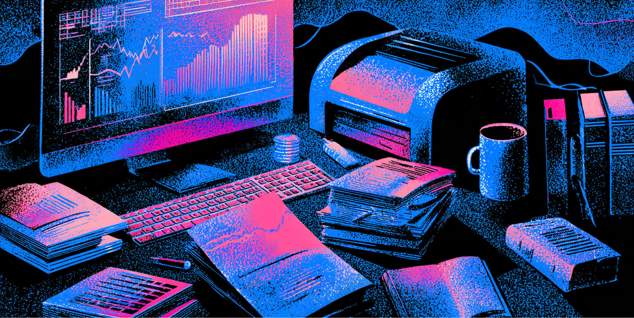Desk covered with financial reports, charts, and a printer, illustrating data-heavy operations and backend business management.