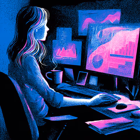 Professional woman analyzing performance charts on multiple monitors, highlighting data-driven decision-making.