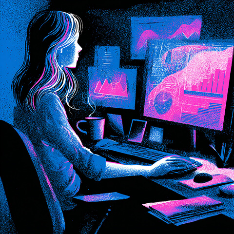 Professional woman analyzing performance charts on multiple monitors, highlighting data-driven decision-making.