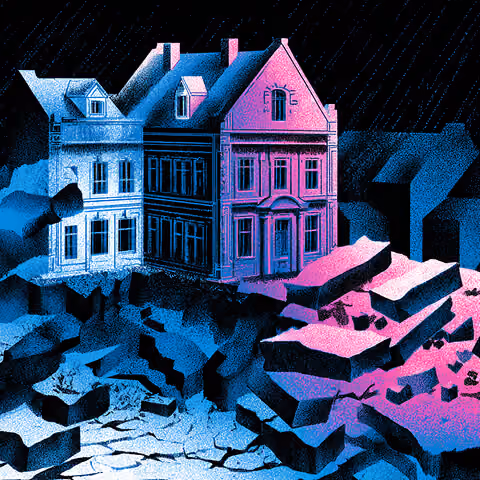 Two contrasting houses surrounded by fractured ground, symbolizing business instability, risk, or structural challenges.
