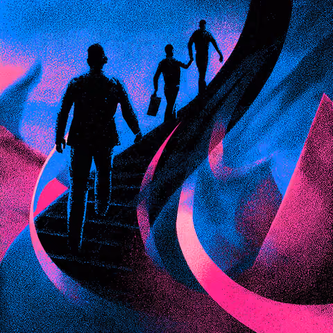 Silhouetted figures climbing upward through abstract curves, representing business growth, ambition, and upward momentum.