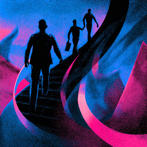Silhouetted figures climbing upward through abstract curves, representing business growth, ambition, and upward momentum.