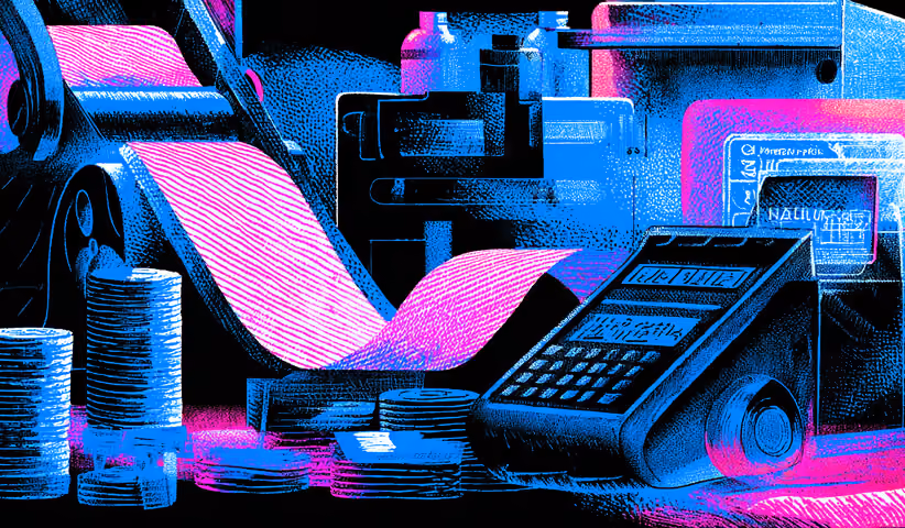 Retail checkout scene with calculator, receipts, coins, and printer, representing cash flow, accounting, and transaction management.