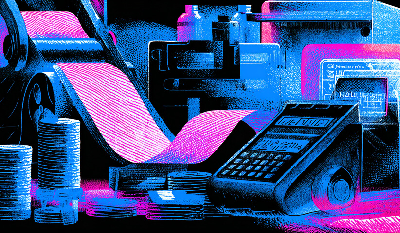Retail checkout scene with calculator, receipts, coins, and printer, representing cash flow, accounting, and transaction management.