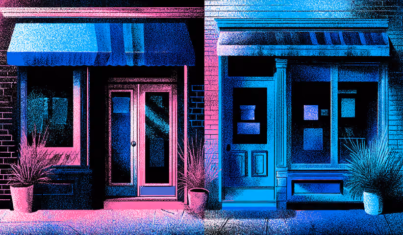Two neighboring storefronts with contrasting designs, illustrating brand differentiation and competitive positioning.