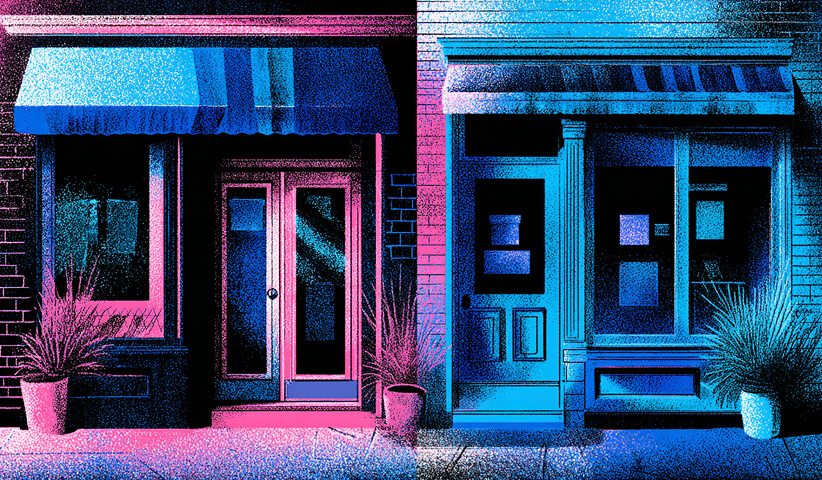 Two neighboring storefronts with contrasting designs, illustrating brand differentiation and competitive positioning.