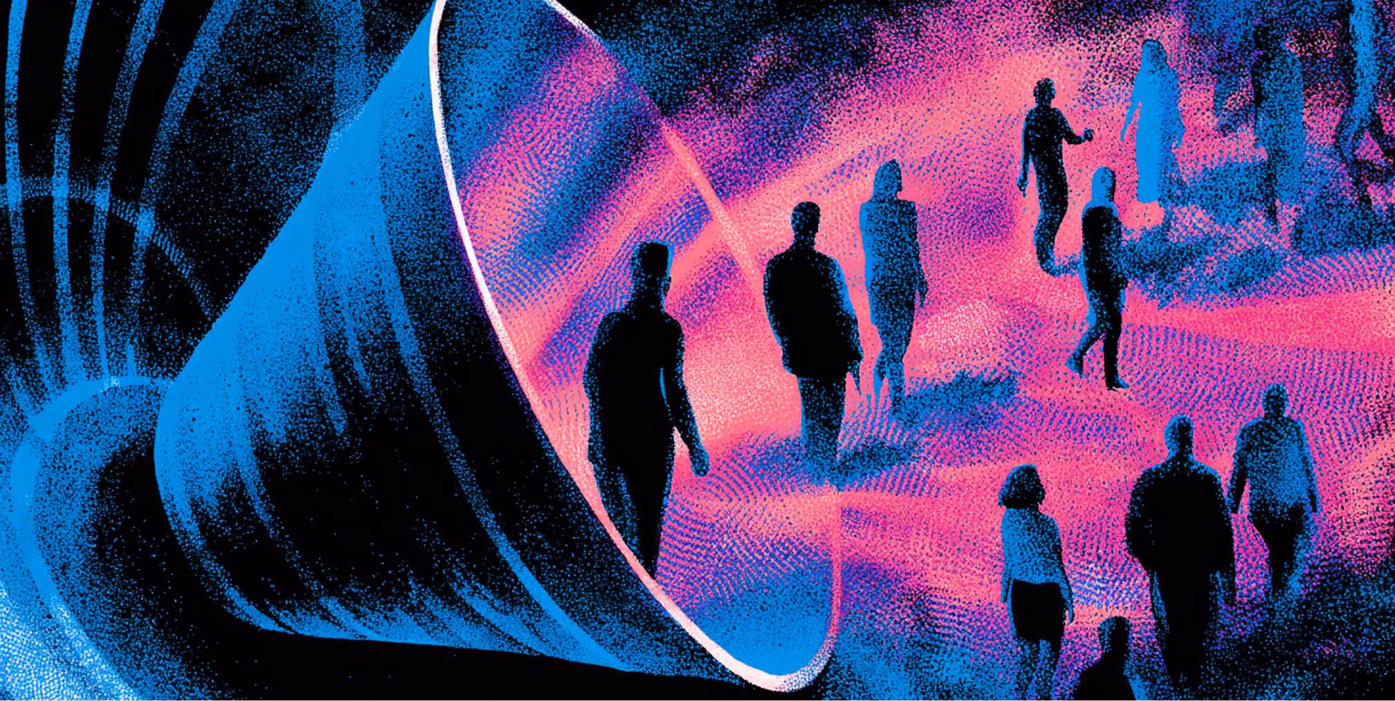 Crowd of people moving through an abstract tunnel, representing customer journeys, funnels, or market movement.