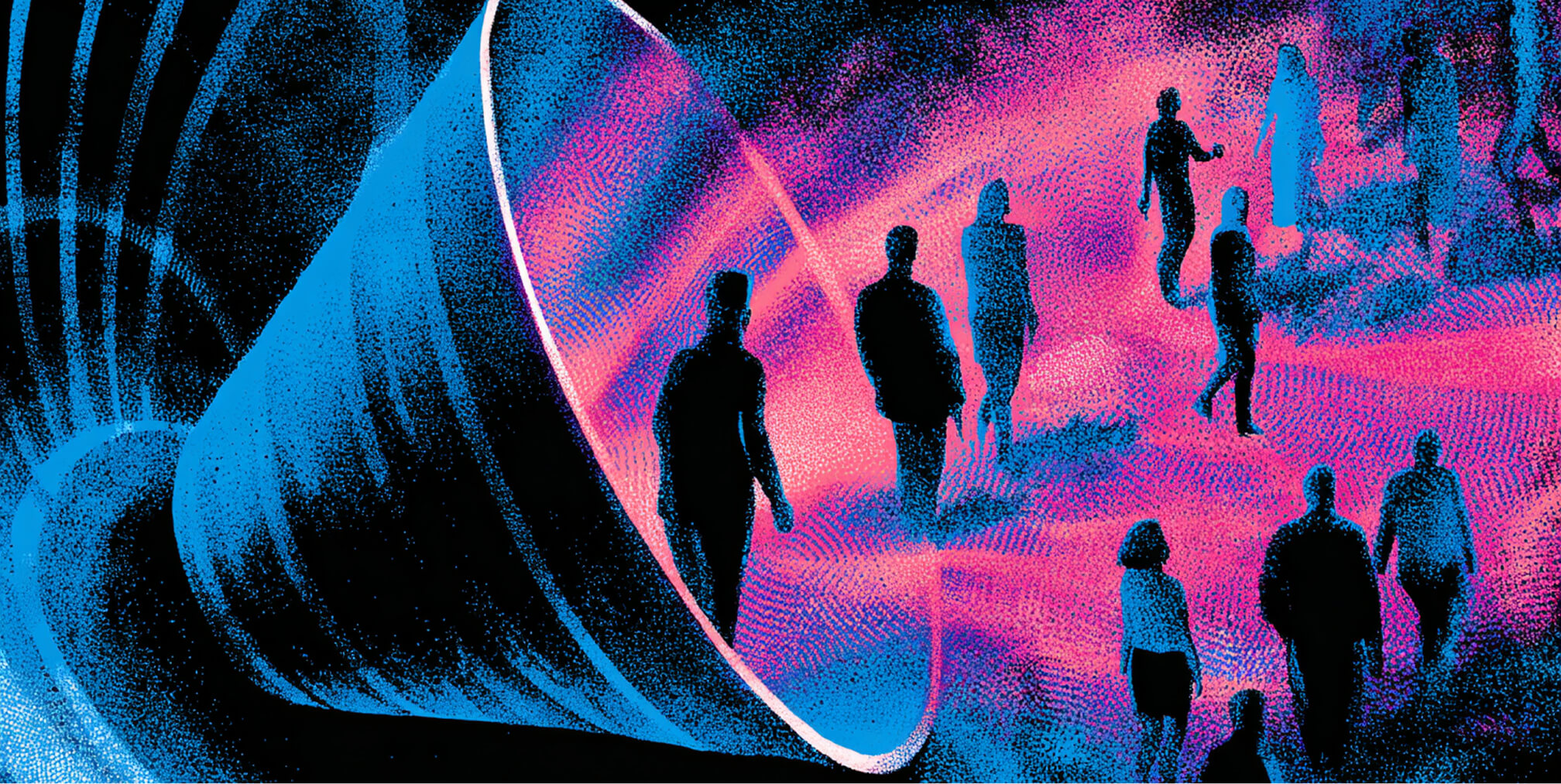 Crowd of people moving through an abstract tunnel, representing customer journeys, funnels, or market movement.