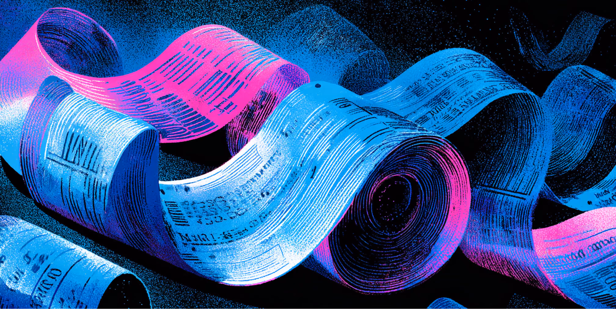 Rolling streams of printed financial statements and receipts, symbolizing scaling revenue, expenses, and operational complexity.