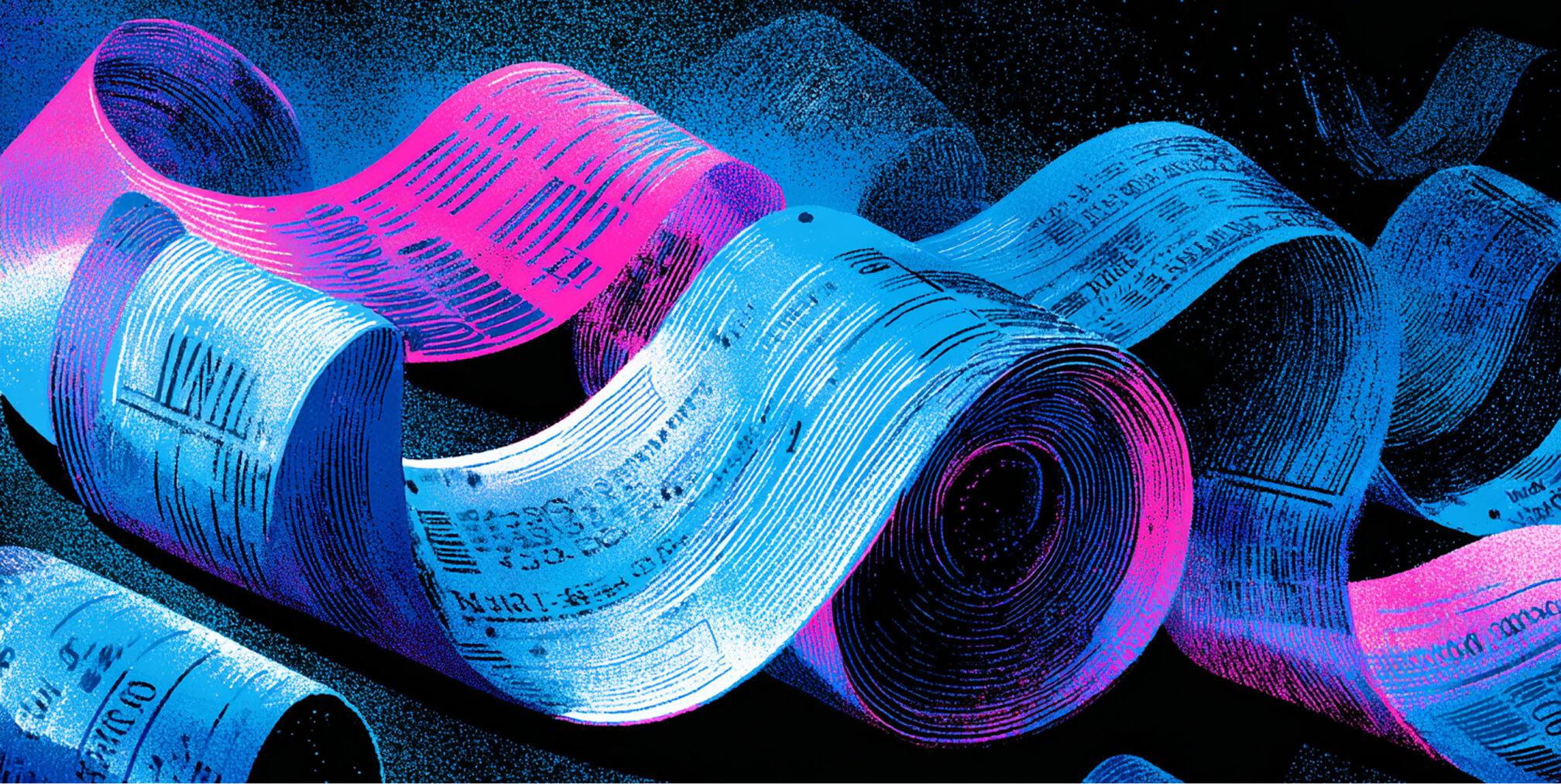 Rolling streams of printed financial statements and receipts, symbolizing scaling revenue, expenses, and operational complexity.