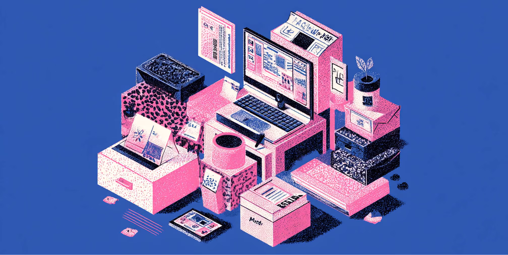 Isometric illustration of a digital retail ecosystem where shoppers interact with screens, product displays, and brand touchpoints in a curated online experience.
