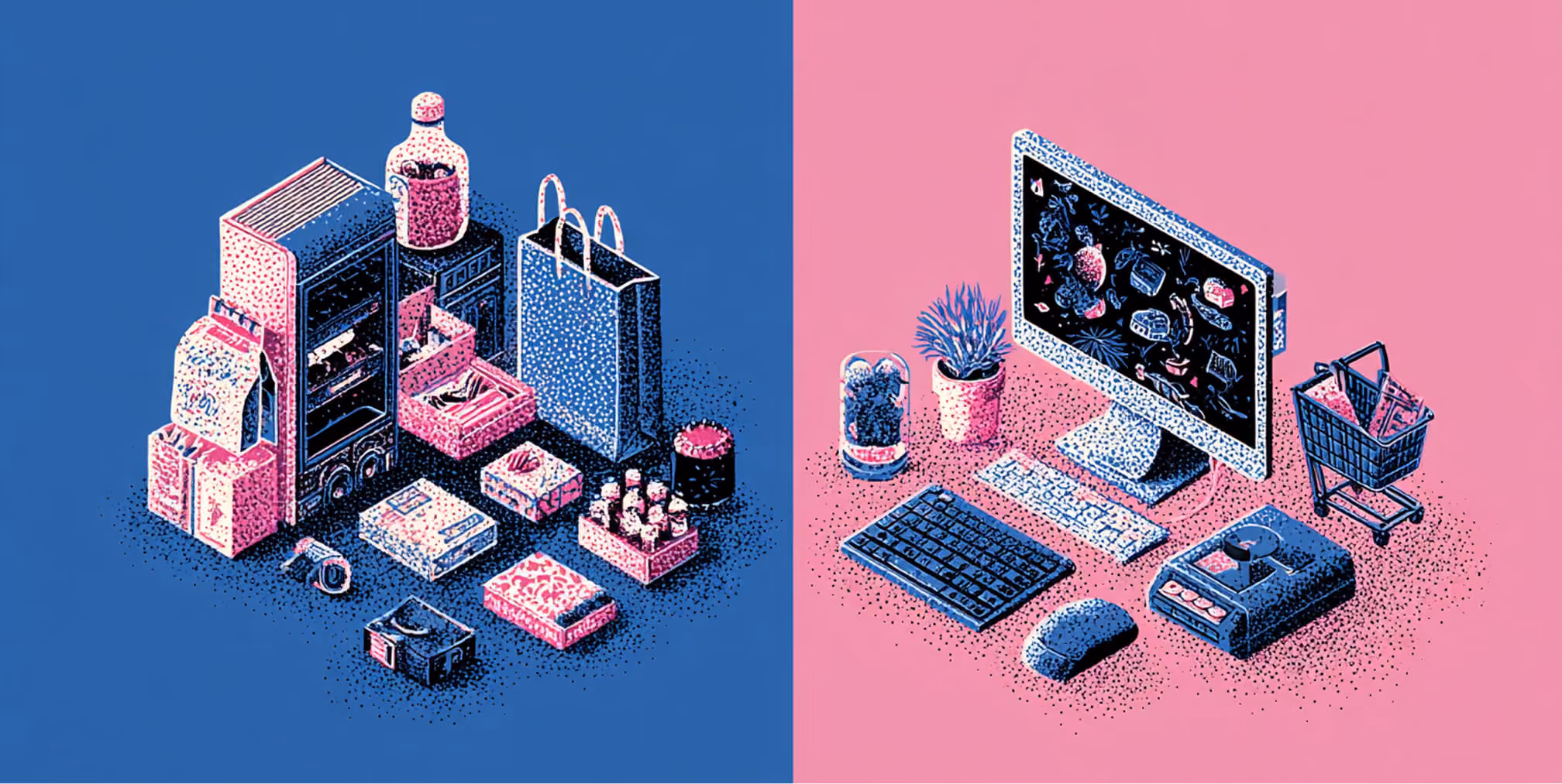 Split-scene comparison of physical retail products and a digital shopping setup, highlighting the connection between storefront and online brand experience.