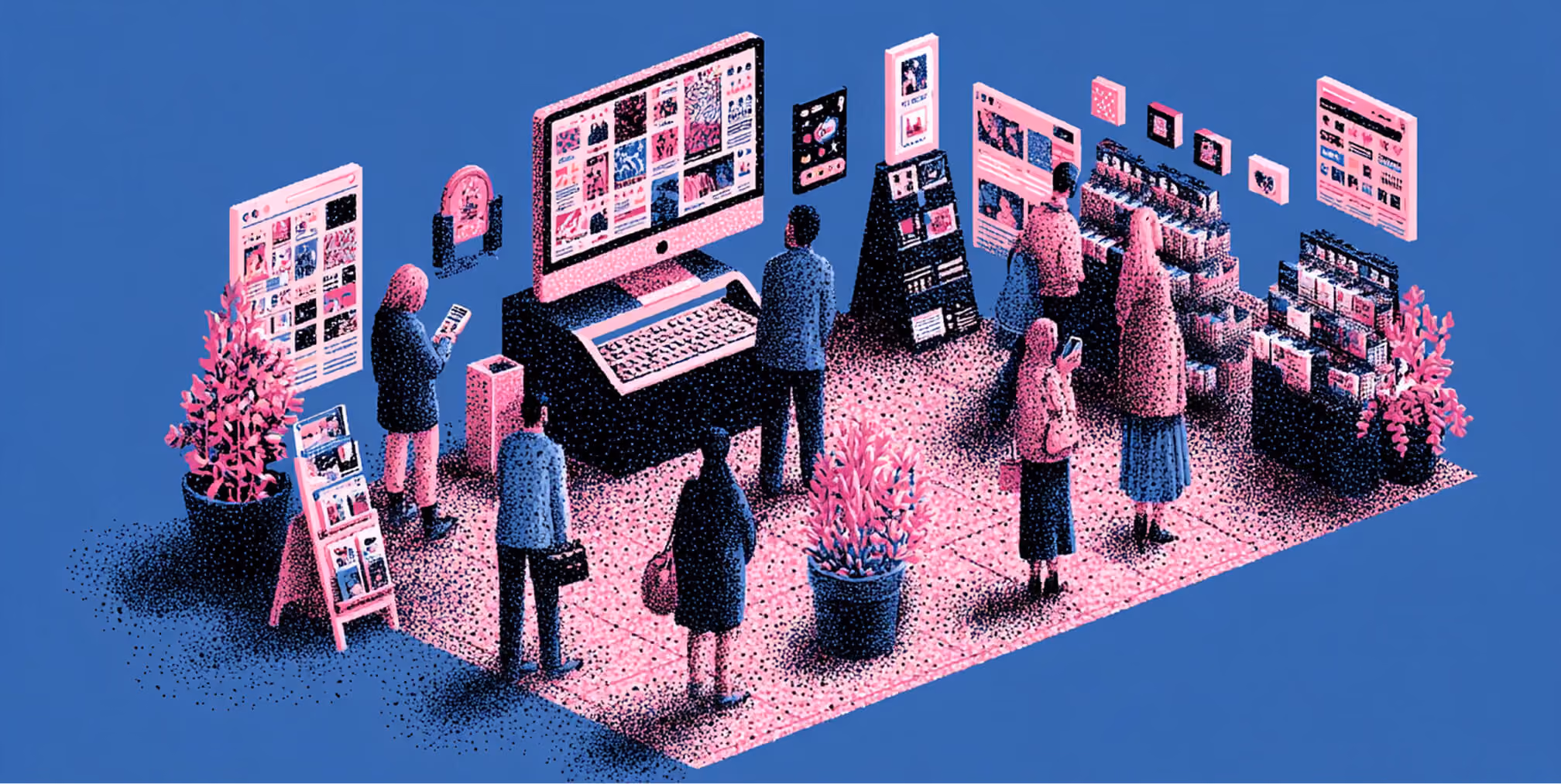 Customers browsing digital displays and curated product shelves in a branded environment, illustrating community engagement and brand immersion.