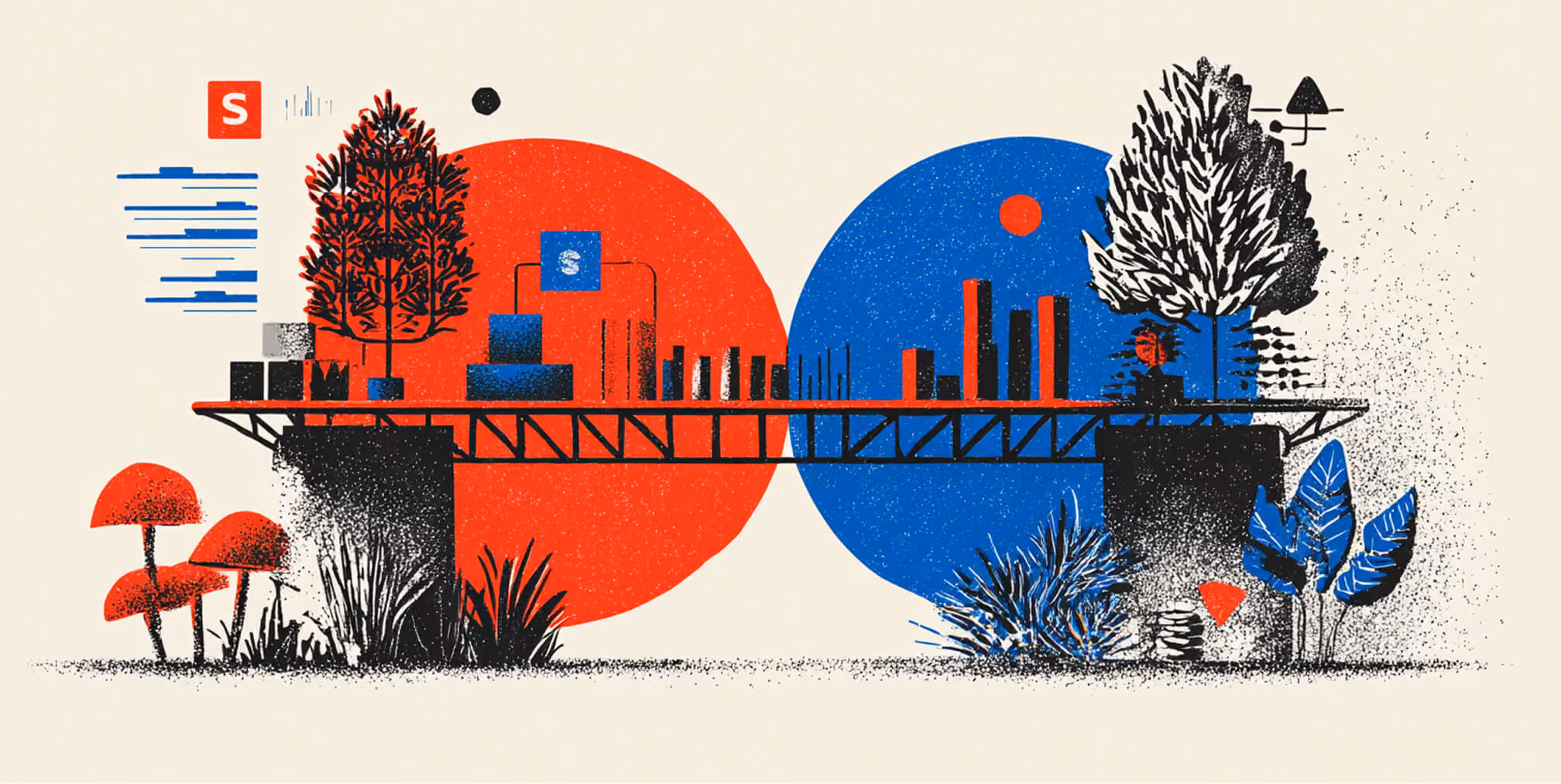 Abstract illustration of a bridge connecting two platforms, symbolizing integration between systems, growth stages, and strategic connections in ecommerce.