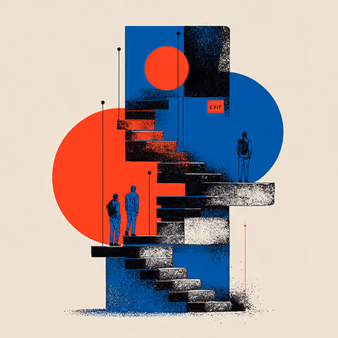 Abstract staircase with figures ascending and exiting different levels, symbolizing growth paths, milestones, and strategic progression.