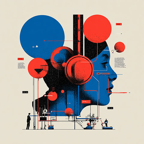 Stylized profile of a human head filled with charts, nodes, and data points, representing analytical thinking, decision-making, and data-driven strategy.