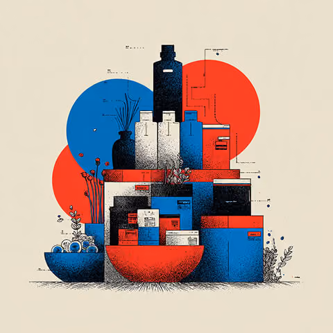 Stacked product containers and packaging elements arranged geometrically, representing structured brand systems and scalable product architecture.