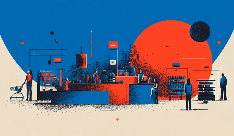 Modern retail environment illustration with shoppers and checkout counters, symbolizing omnichannel commerce and customer experience design.