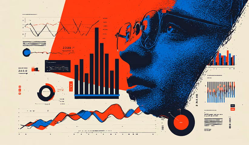 Profile of a person overlaid with bar charts and trend lines, symbolizing the fusion of human intuition and quantitative data analysis.