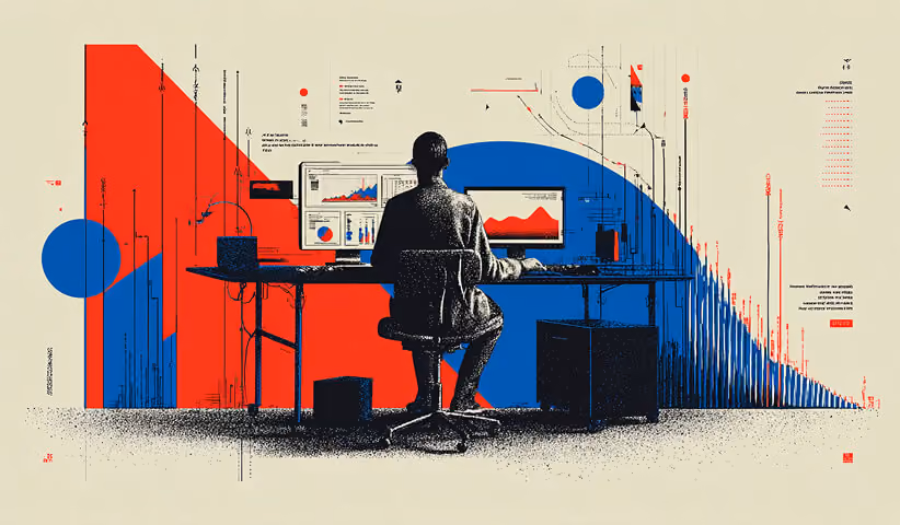 Analyst working at a desk surrounded by data visualizations, representing focused decision-making, reporting, and performance optimization.