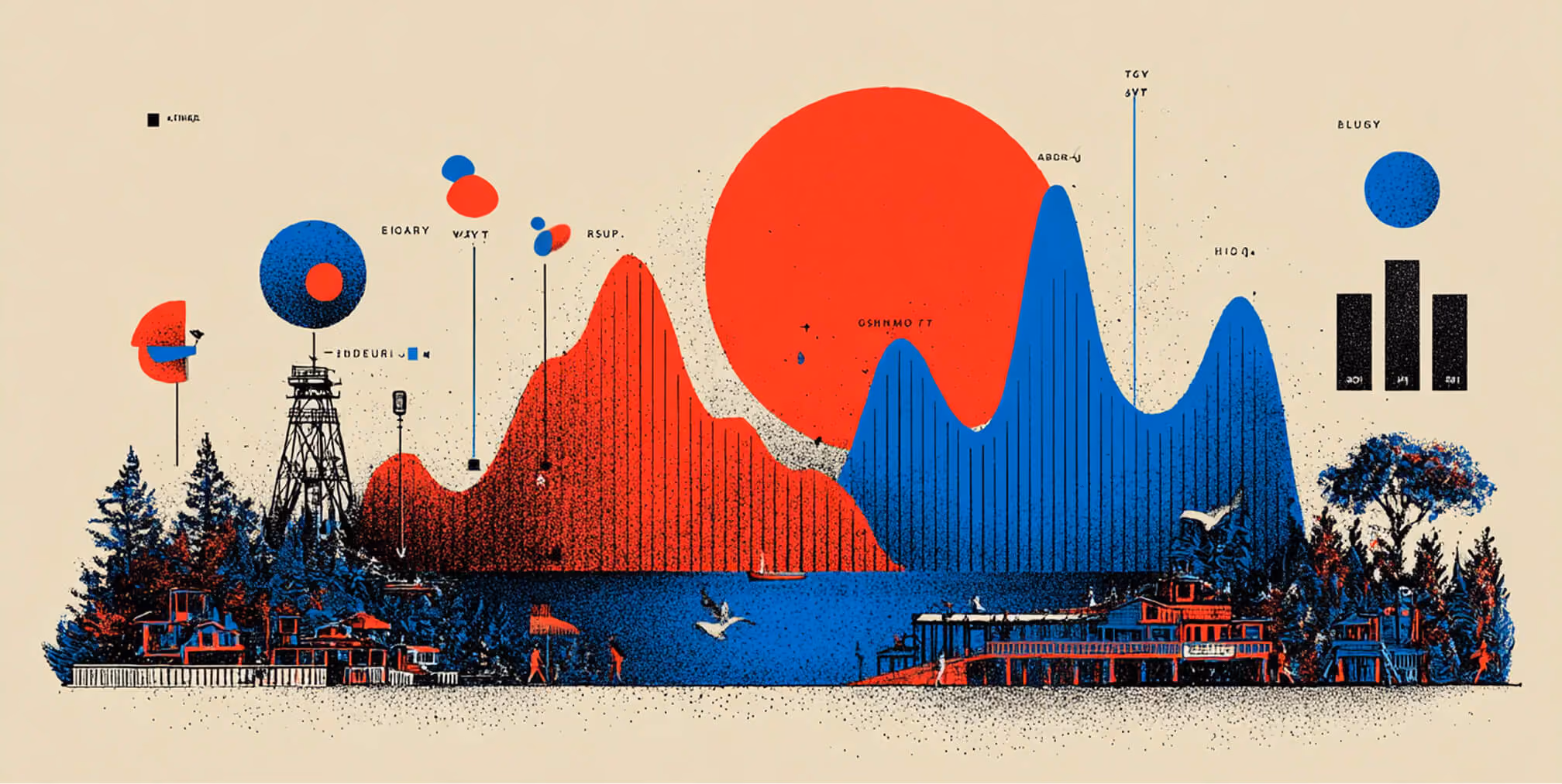 Landscape scene blended with data visualizations and charts, symbolizing market trends, long-term growth patterns, and business forecasting.