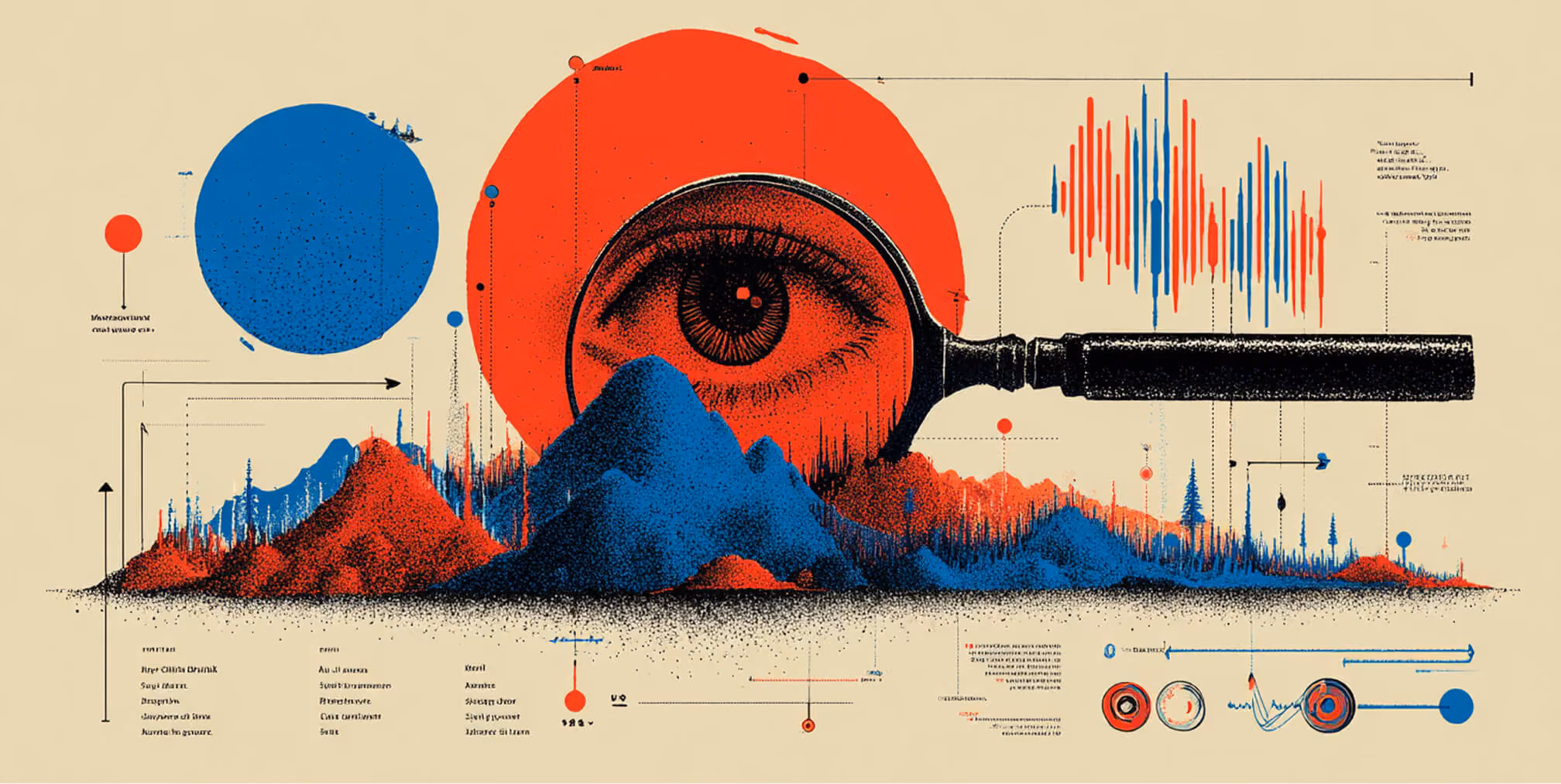 Magnifying glass focused on an eye over layered data and charts, symbolizing insight, analysis, and deep understanding of performance metrics.
