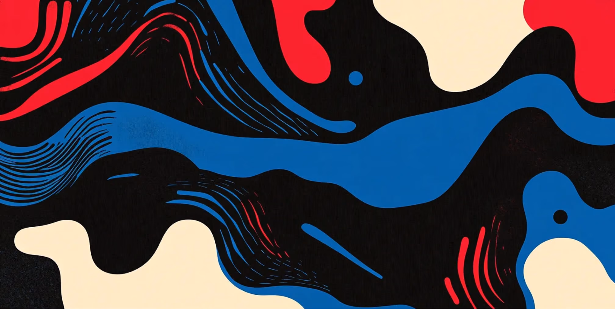 Abstract illustration with flowing shapes in red, black, cream, and blue, symbolizing creative energy, transformation, and branding movement.