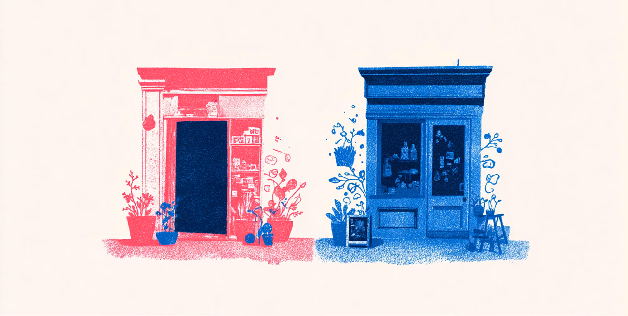 Abstract illustration showing two parallel retail experiences—one transactional and one brand-driven—symbolizing the difference between a Shopify store and a Shopify brand.