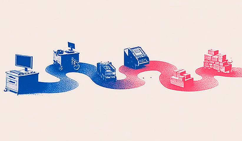 Workspace illustration combining production equipment and digital tools, symbolizing the integration of operations, design, and technology.