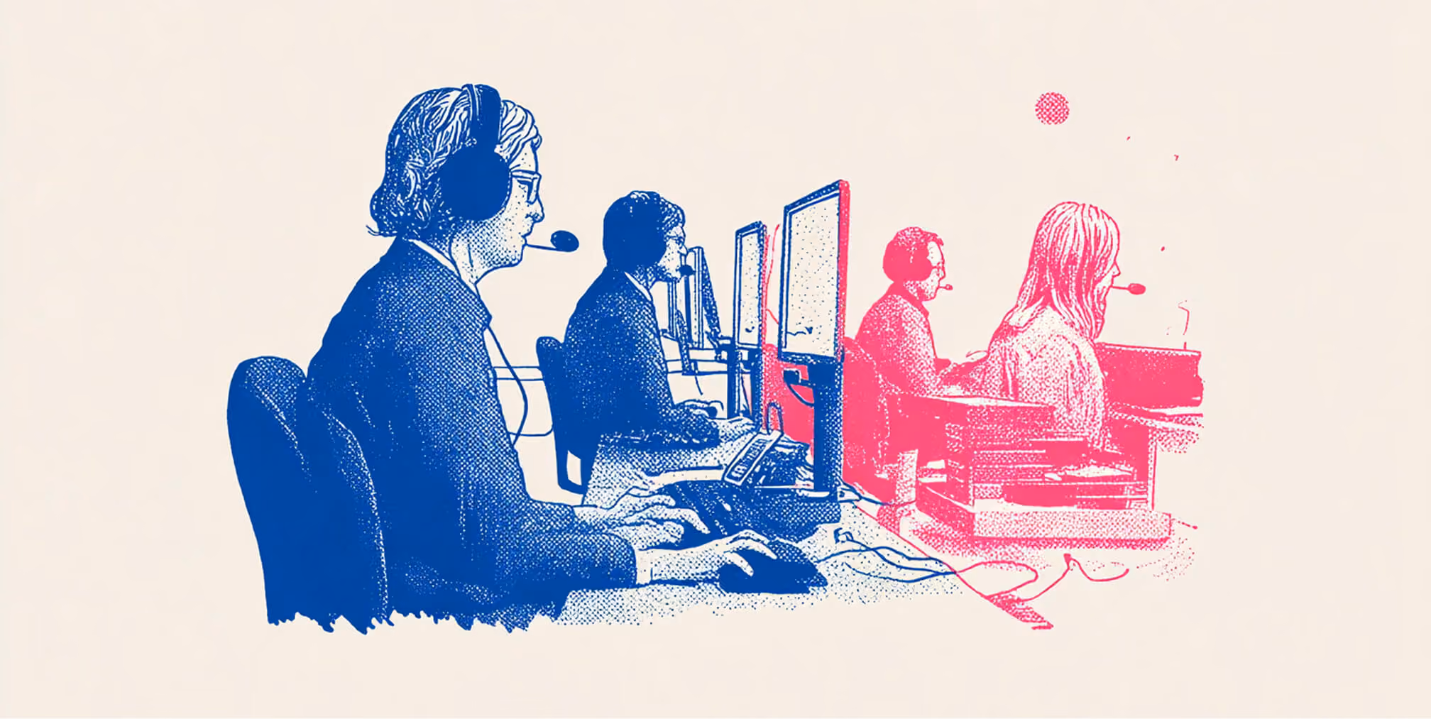 Illustration of customer support representatives at workstations, symbolizing brand trust, service experience, and long-term customer relationships.