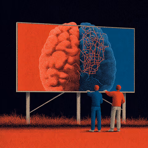Two people standing before a large billboard displaying a human brain split into organic and networked halves, representing human and AI thinking.